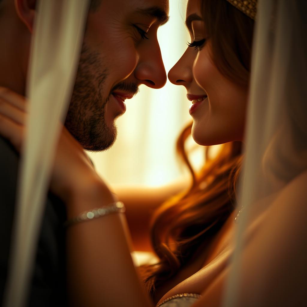 A close-up of an intimate moment between a couple, beautifully lit with soft lighting to emphasize the warmth and connection between them