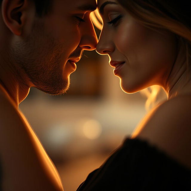 A close-up of an intimate moment between a couple, beautifully lit with soft lighting to emphasize the warmth and connection between them