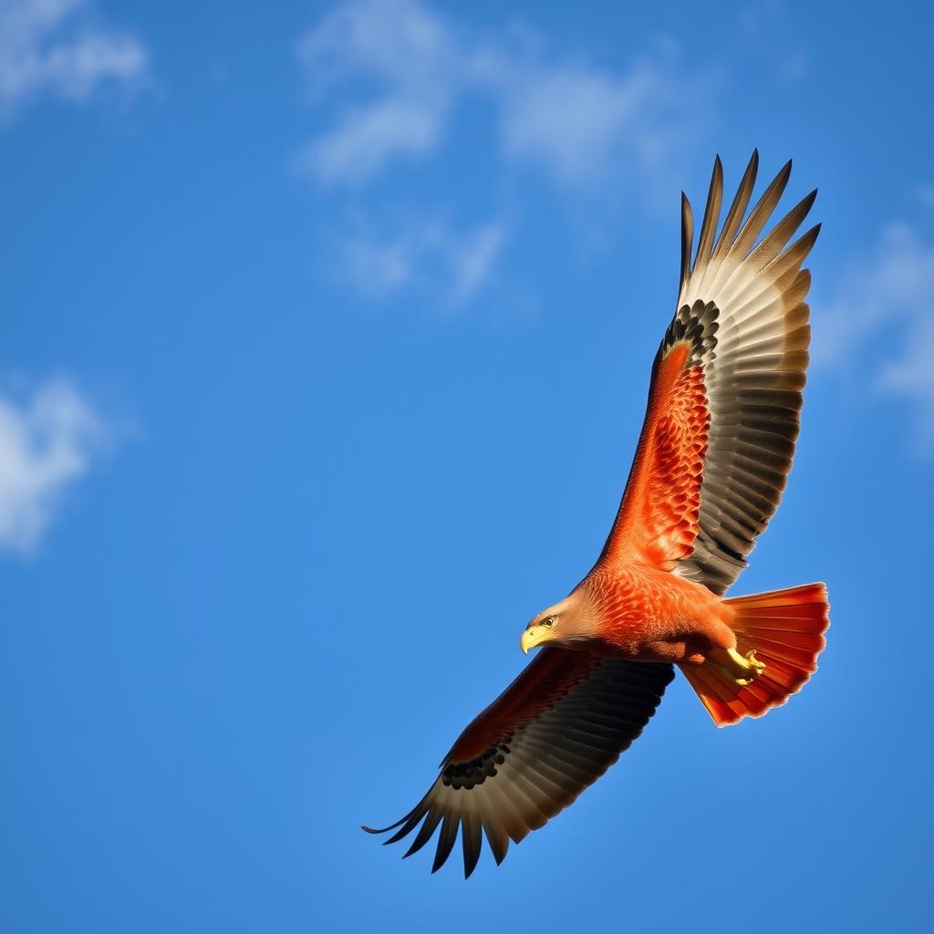 A majestic red eagle soaring gracefully through a clear blue sky, with its vivid red feathers shimmering in the sunlight