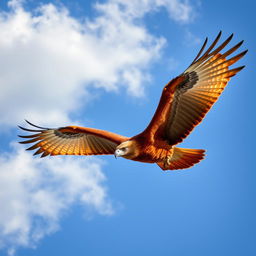 A majestic red eagle soaring gracefully through a clear blue sky, with its vivid red feathers shimmering in the sunlight