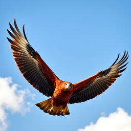 A majestic red eagle soaring gracefully through a clear blue sky, with its vivid red feathers shimmering in the sunlight