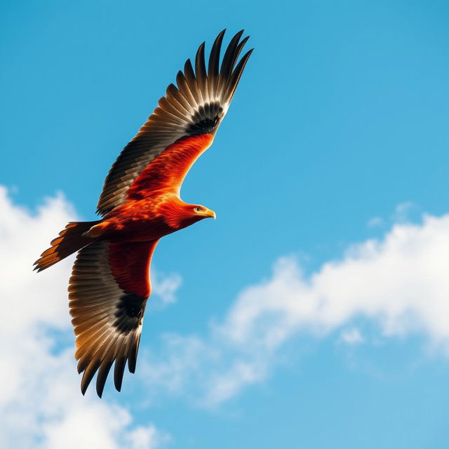 A majestic red eagle soaring gracefully through a clear blue sky, with its vivid red feathers shimmering in the sunlight