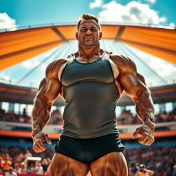 A powerful, muscular man standing tall in a dramatic pose, showcasing his incredible physique