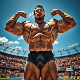 A powerful, muscular man standing tall in a dramatic pose, showcasing his incredible physique