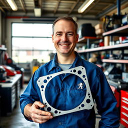 A smiling car mechanic holding a Peugeot cylinder head gasket inside a well-lit garage