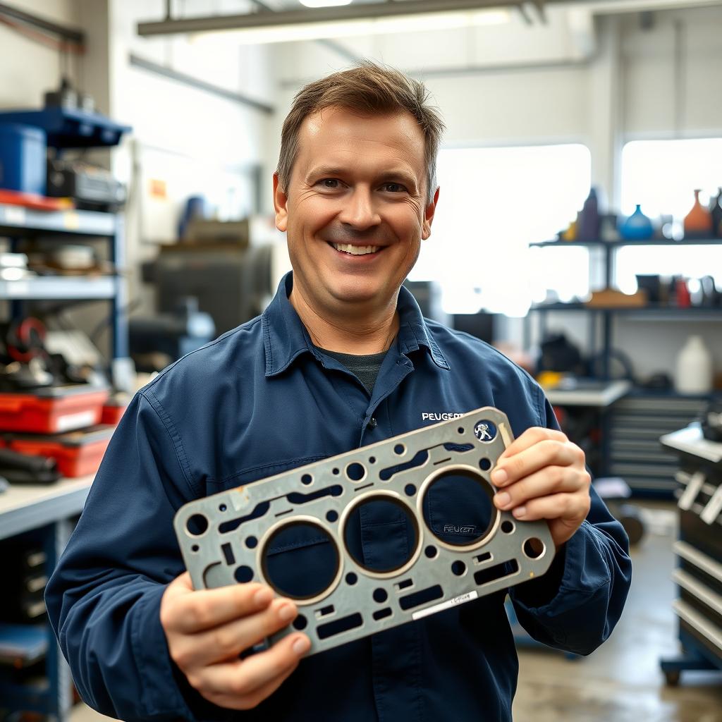 A smiling car mechanic holding a Peugeot cylinder head gasket inside a well-lit garage