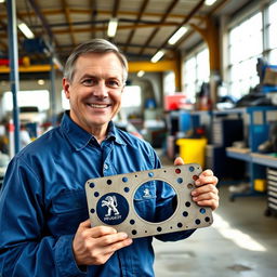 A smiling car mechanic holding a Peugeot cylinder head gasket inside a well-lit garage