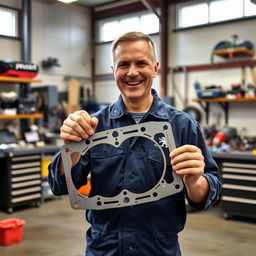 A smiling car mechanic holding a Peugeot cylinder head gasket inside a well-lit garage