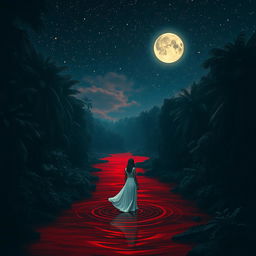 A beautiful and dark jungle scene illuminated by a vast starry sky with a glowing moon