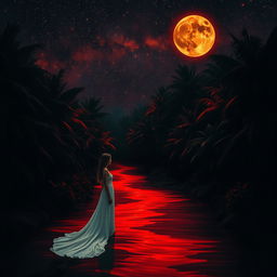 A beautiful and dark jungle scene illuminated by a vast starry sky with a glowing moon