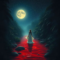 A beautiful and dark jungle scene illuminated by a vast starry sky with a glowing moon