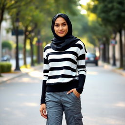 A stylish woman wearing a fashionable black and white striped sweater, complemented by gray cargo pants and a sleek black hijab