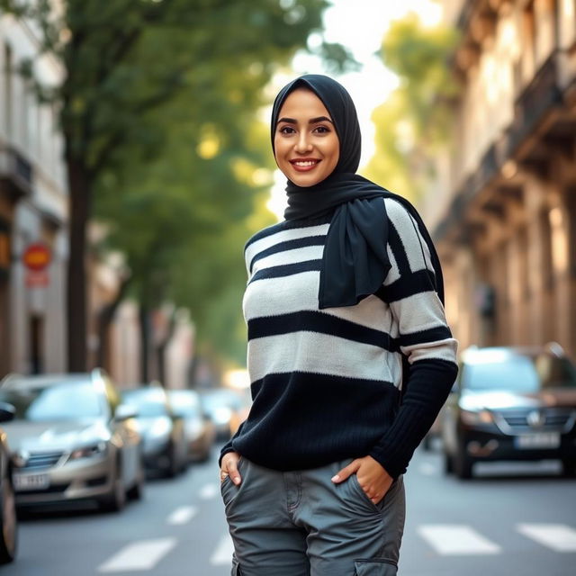 A stylish woman wearing a fashionable black and white striped sweater, complemented by gray cargo pants and a sleek black hijab