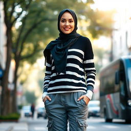 A stylish woman wearing a fashionable black and white striped sweater, complemented by gray cargo pants and a sleek black hijab
