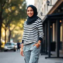 A stylish woman wearing a fashionable black and white striped sweater, complemented by gray cargo pants and a sleek black hijab