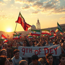 An artistic representation of the '9th of Dey' epic in Iran, depicting a large crowd of passionate people holding flags and banners, showcasing unity and solidarity