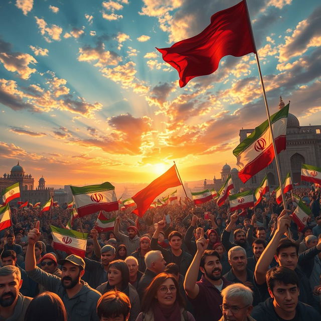 An artistic representation of the '9th of Dey' epic in Iran, depicting a large crowd of passionate people holding flags and banners, showcasing unity and solidarity