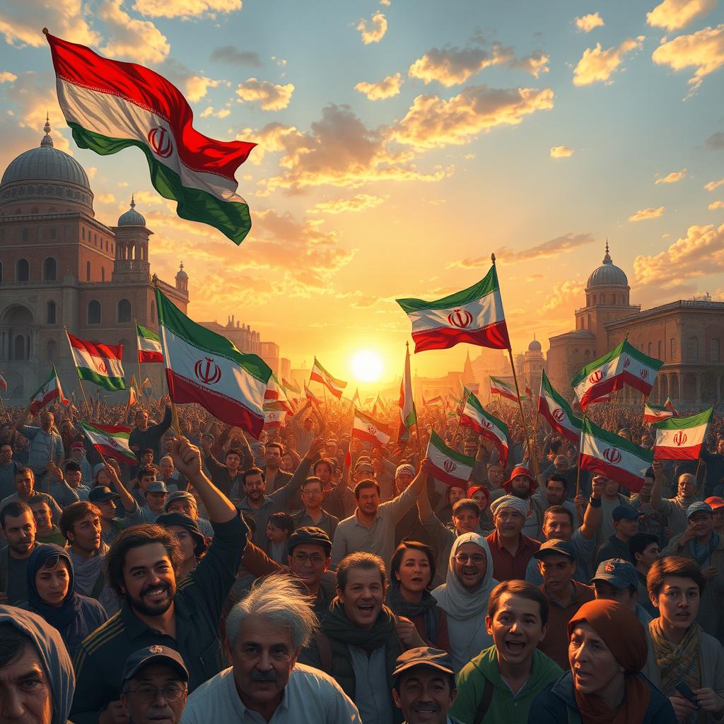 An artistic representation of the '9th of Dey' epic in Iran, depicting a large crowd of passionate people holding flags and banners, showcasing unity and solidarity