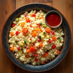 A beautiful overhead shot of very fine Moroccan couscous, fluffy and perfectly cooked, garnished with colorful vegetables like bell peppers, carrots, and zucchinis