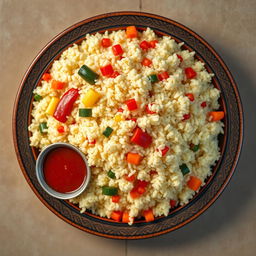 A beautiful overhead shot of very fine Moroccan couscous, fluffy and perfectly cooked, garnished with colorful vegetables like bell peppers, carrots, and zucchinis