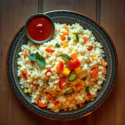 A beautiful overhead shot of very fine Moroccan couscous, fluffy and perfectly cooked, garnished with colorful vegetables like bell peppers, carrots, and zucchinis