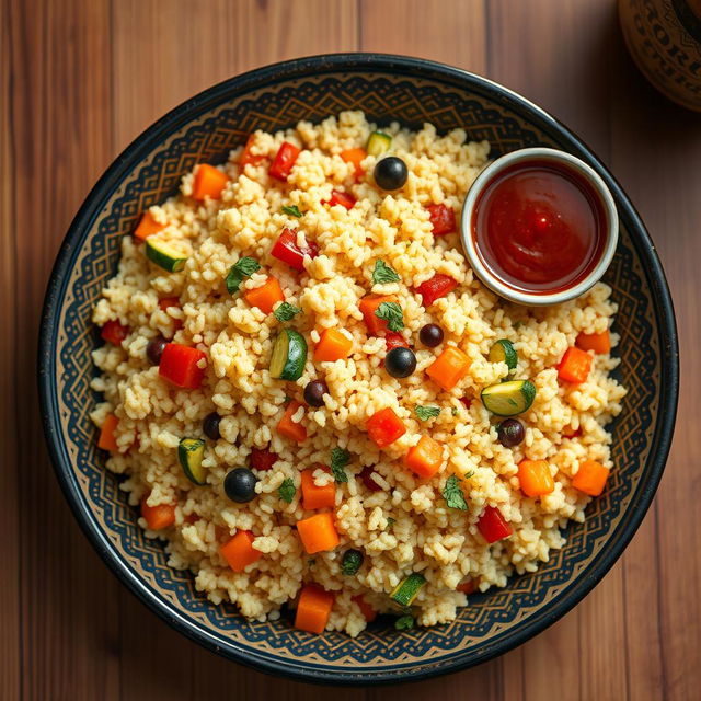 A beautiful overhead shot of very fine Moroccan couscous, fluffy and perfectly cooked, garnished with colorful vegetables like bell peppers, carrots, and zucchinis