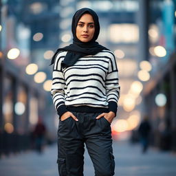 A fashionable woman standing confidently, wearing a stylish black and white striped sweater outfit paired with dark gray cargo pants