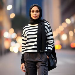A fashionable woman standing confidently, wearing a stylish black and white striped sweater outfit paired with dark gray cargo pants
