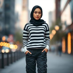 A fashionable woman standing confidently, wearing a stylish black and white striped sweater outfit paired with dark gray cargo pants