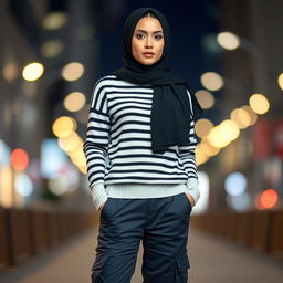 A fashionable woman standing confidently, wearing a stylish black and white striped sweater outfit paired with dark gray cargo pants