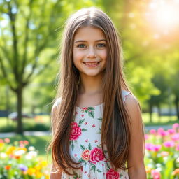 A portrait of a girl with long flowing brunette hair, bright blue eyes, wearing a stylish summer dress adorned with floral patterns