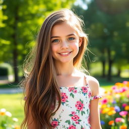 A portrait of a girl with long flowing brunette hair, bright blue eyes, wearing a stylish summer dress adorned with floral patterns