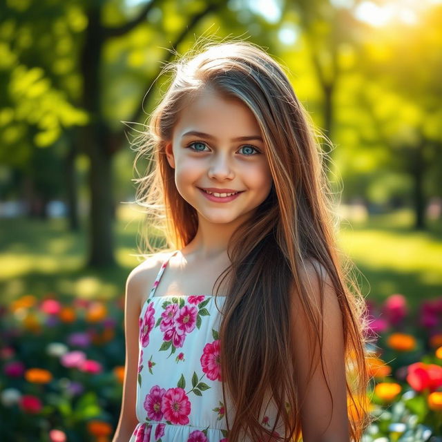 A portrait of a girl with long flowing brunette hair, bright blue eyes, wearing a stylish summer dress adorned with floral patterns