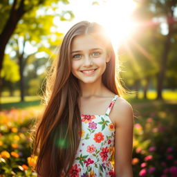 A portrait of a girl with long flowing brunette hair, bright blue eyes, wearing a stylish summer dress adorned with floral patterns