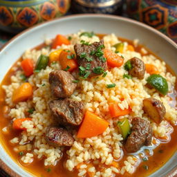 An intricately detailed close-up of a bowl of very fine Moroccan couscous, perfectly cooked and fluffy