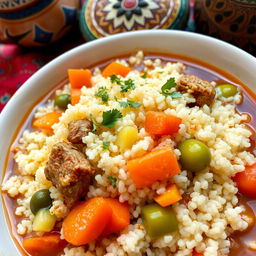 An intricately detailed close-up of a bowl of very fine Moroccan couscous, perfectly cooked and fluffy
