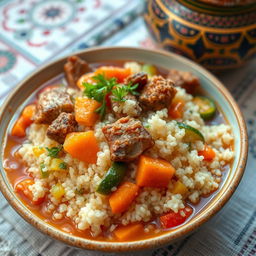An intricately detailed close-up of a bowl of very fine Moroccan couscous, perfectly cooked and fluffy