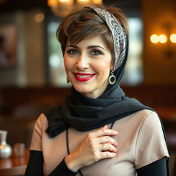A charming and cute 60-year-old Iranian woman, exuding confidence and allure