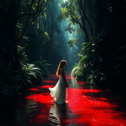 A beautiful yet dark jungle filled with lush, dense vegetation and towering trees