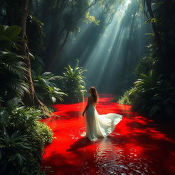 A beautiful yet dark jungle filled with lush, dense vegetation and towering trees
