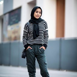 A stylish woman wearing a black and white striped sweater paired with dark gray cargo pants that have a subtle greenish tinge