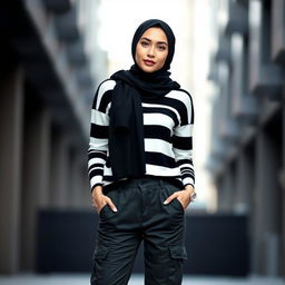 A stylish woman wearing a black and white striped sweater paired with dark gray cargo pants that have a subtle greenish tinge