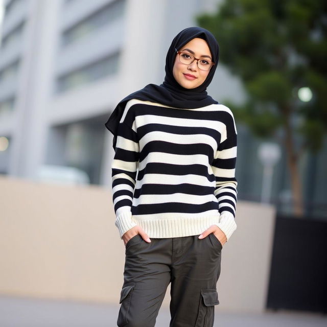 A stylish woman wearing a black and white striped sweater paired with dark gray cargo pants that have a subtle greenish tinge