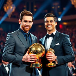 Lionel Messi and Cristiano Ronaldo standing side by side, both proudly holding the Super Ballon d'Or, a prestigious golden trophy