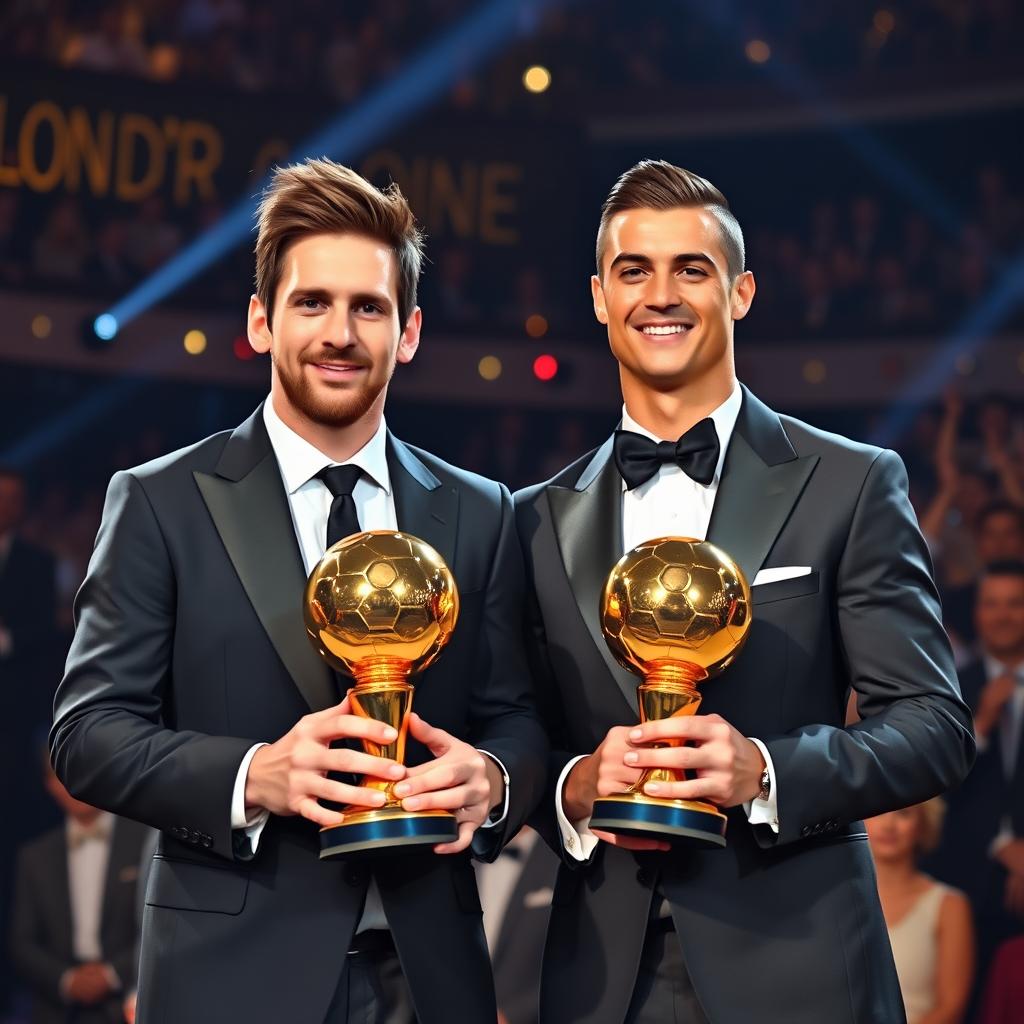 Lionel Messi and Cristiano Ronaldo standing side by side, both proudly holding the Super Ballon d'Or, a prestigious golden trophy