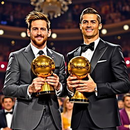 Lionel Messi and Cristiano Ronaldo standing side by side, both proudly holding the Super Ballon d'Or, a prestigious golden trophy