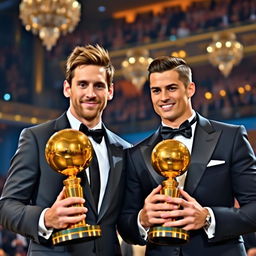 Lionel Messi and Cristiano Ronaldo standing side by side, both proudly holding the Super Ballon d'Or, a prestigious golden trophy