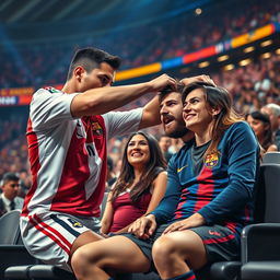 An intense scene depicting Cristiano Ronaldo striking Lionel Messi, who is pleading for mercy