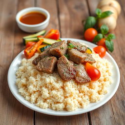 A beautifully arranged plate of very fine size couscous topped with tender pieces of meat and colorful, fresh vegetables