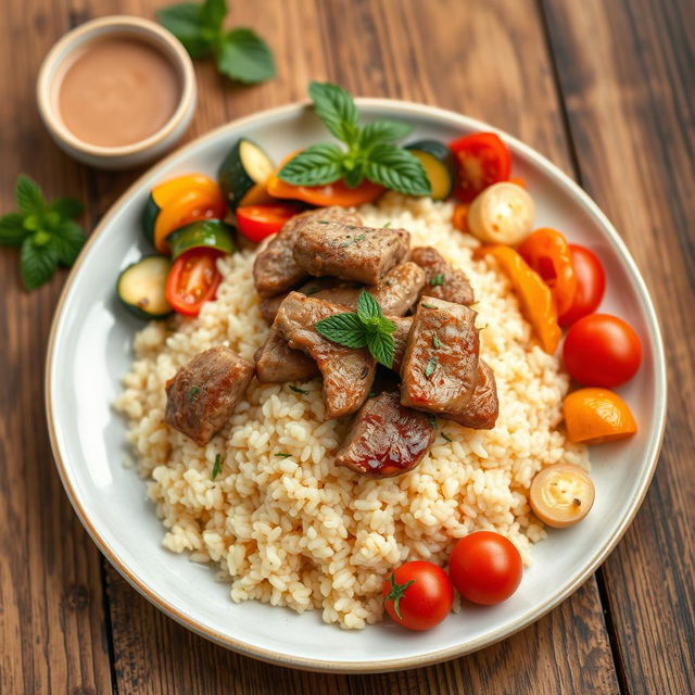 A beautifully arranged plate of very fine size couscous topped with tender pieces of meat and colorful, fresh vegetables